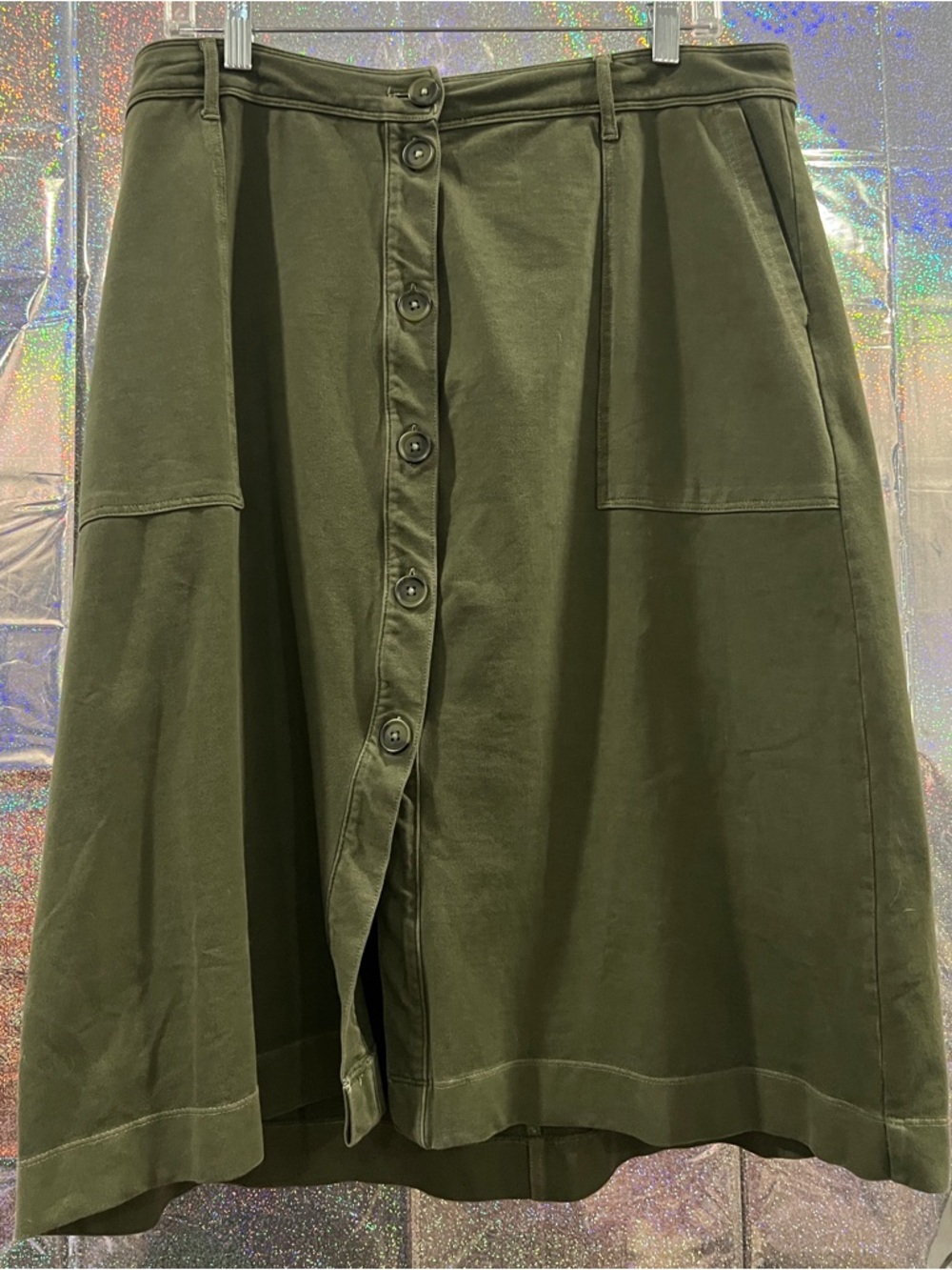 Sonoma Olive Green Button Front Midi Skirt XL Utility A-Line